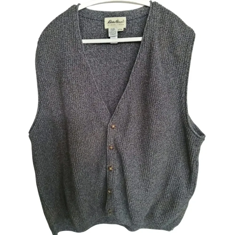 Vintage Eddie Bauer Mens Size XL chunky knit gray button down vest. Made in USA